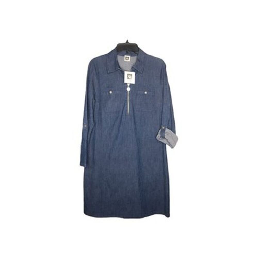 Anne Klein Denim Womens Dress SZ 10 Blue Jean Tab Sleeve 1/4 Zip Pockets Knee